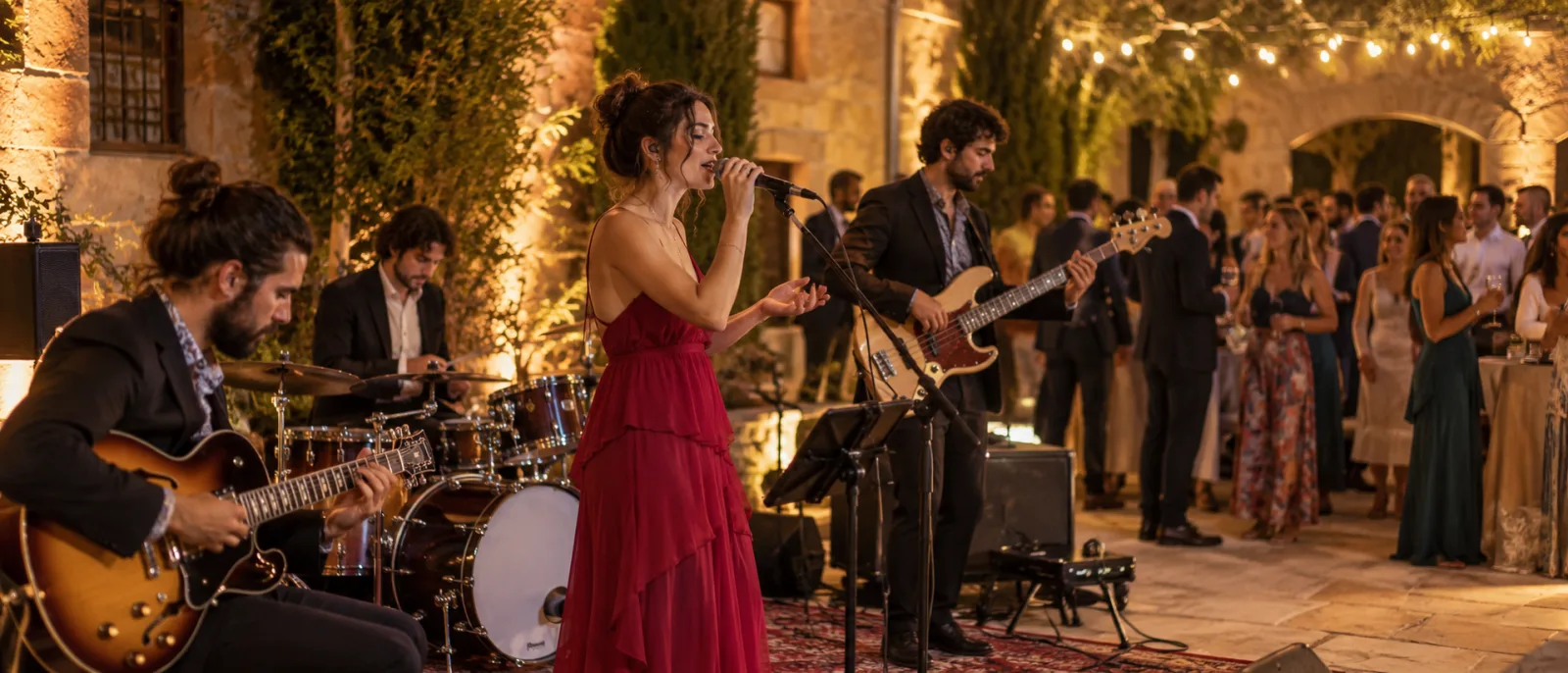 Grupo con voz, guitarra, bajo y batería actuando en un patio durante un evento, con asistentes al fondo.