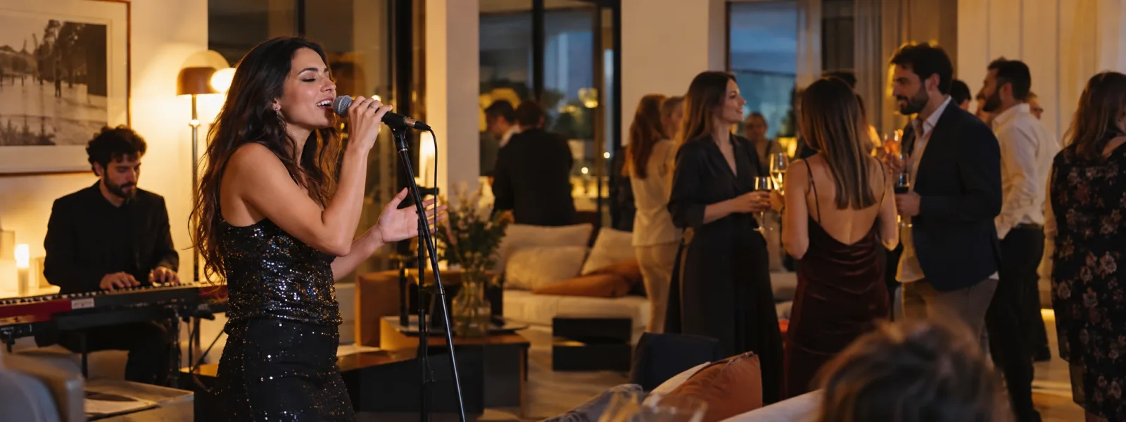 Cantante y teclista actuando durante una fiesta privada en un salón.