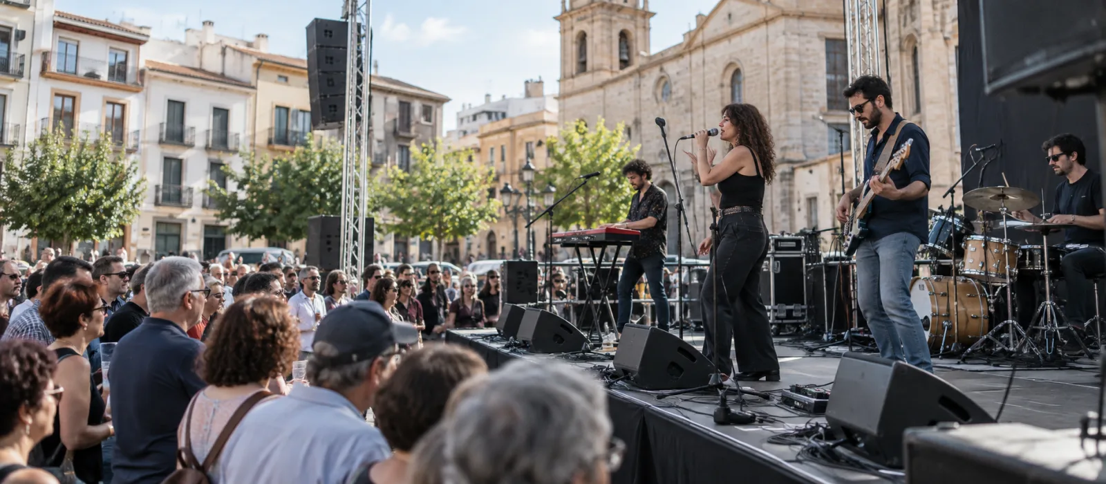 Banda actuando ante el público durante un concierto diurno en una plaza, con cantante, teclado, bajo y batería.
