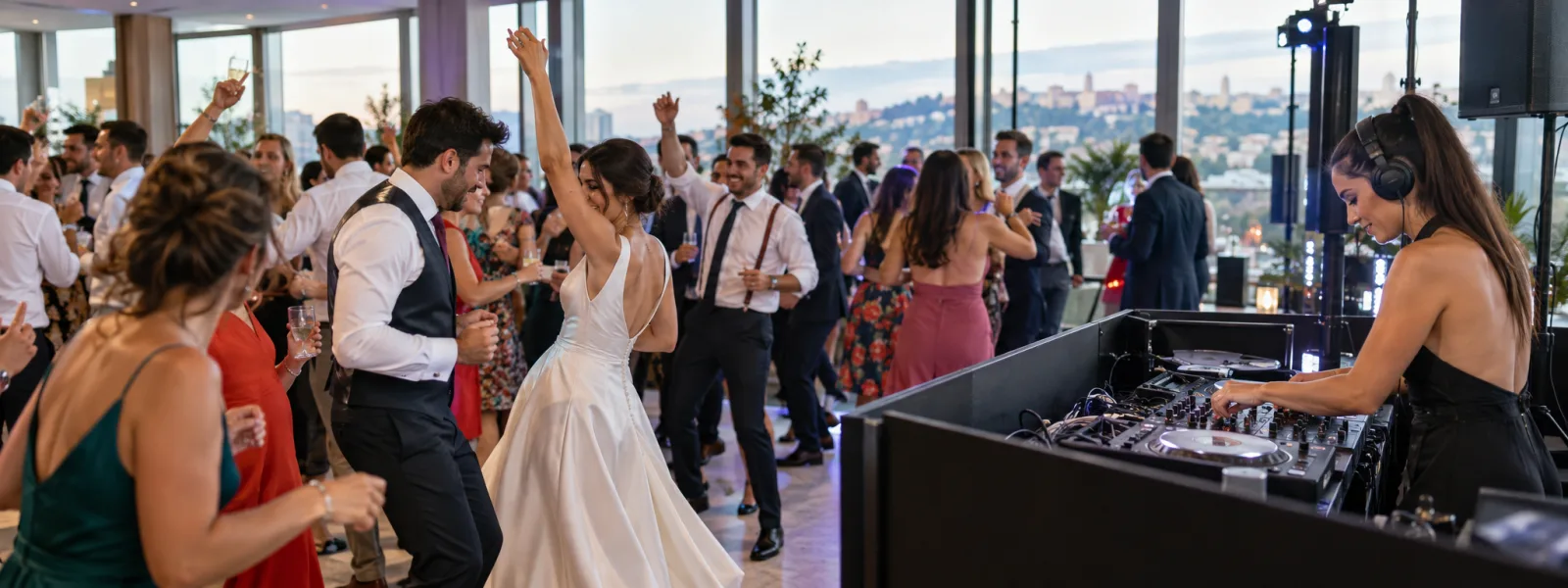 DJ pinchando música durante una boda, con los novios e invitados bailando en la pista.