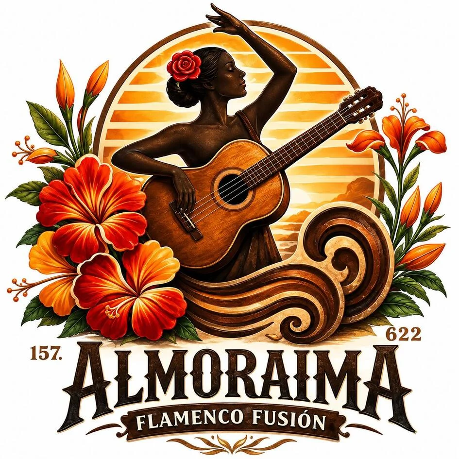 Mujer con guitarra y flor de lis acompañado del nombre del grupo.