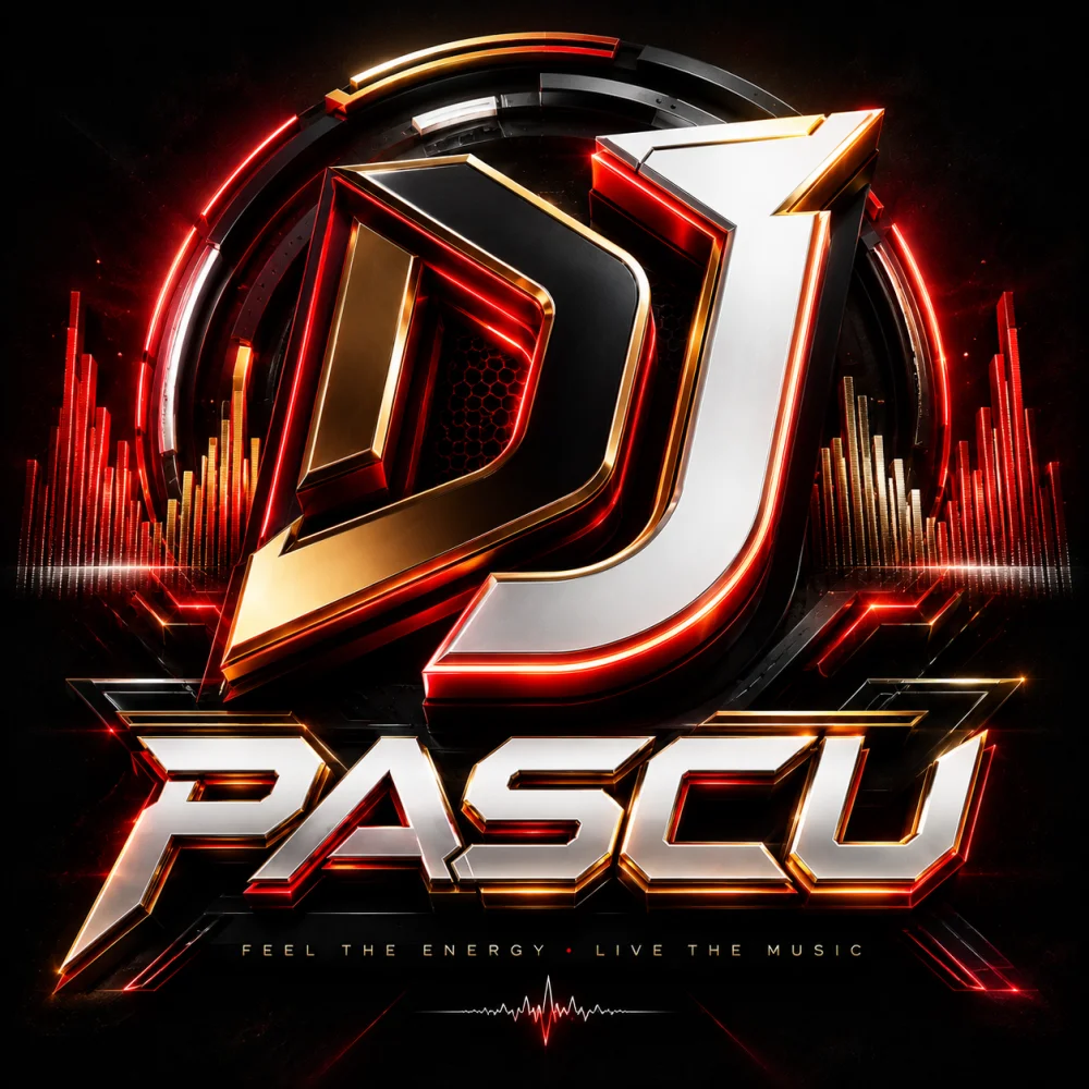Logo de DJ PASCU, con toques rojos, negros i dorados.Diseñador en 3d