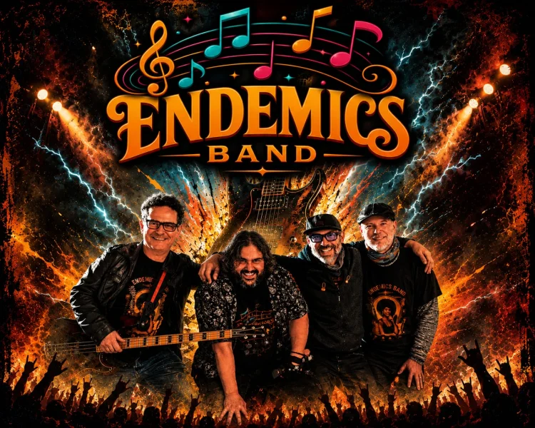 logo de Endemics Band con la foto de los 4 componentes rodeados de fuego.