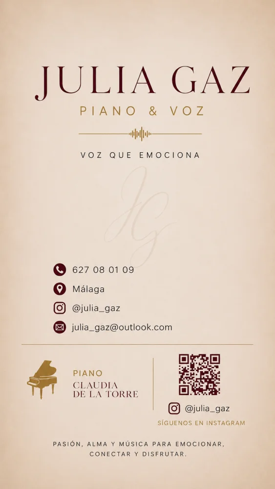 Voz que emociona acompañada de piano. Teléfono de contacto:627080109 IG:julia_gaz