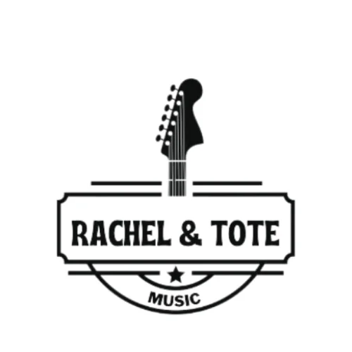 Logotipo en blanco y negro de Rachel & Tote Music, dúo acústico de voz y guitarra. Diseño minimalist